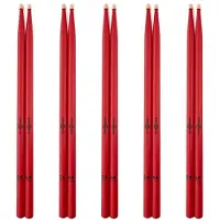 Gear4Music 5A Wood Tip Hickory Drumsticks Red 5 Pack