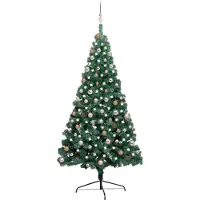 vidaXL Demi-arbre de Noël artificiel pré-éclairé et boules vert 210 cm