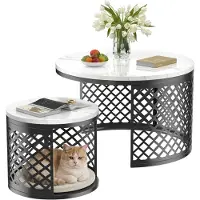 MODFU Set di 2 tavolini rotondi da salotto,tavolino con motivo geometrico traforato,tavolino laterale con funzione per animali domestici,nero&bianco