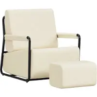 SoBuy Fauteuil moderne avec pouf, tissu crème, piètement métal, confortable Fauteuil rembourré avec accoudoirs piètement FST99-MI