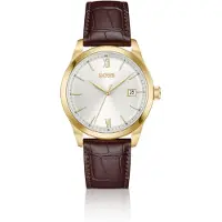 BOSS Langford Montre à cadran blanc argenté et bracelet en cuir embossé