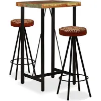 vidaXL Ensemble bar 3 pièces vieux bois massif, cuir véritable et toile
