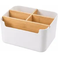 OEM VHV - Organisateur de bureau avec 5 compartiments - Boîte de rangement en ABS avec séparateurs en bois - Blanc - Idéal pour le bureau, la salle de bain et le salon