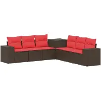 vidaXL Ensemble de salon , 7 pièces, marron et rouge, en résine tressée et en acier