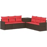vidaXL Ensemble de salon de jardin , 7 pièces, marron et rouge, en résine tressée et en acier