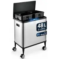 Floordirekt Poubelle avec capteur, capacité 48 litres, pour le tri des déchets, avec 2 compartiments de 24 litres chacun, en acier inoxydable