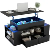 Puluomis Table basse avec tiroir, plateau relevable, rampe d'éclairage RGB avec contrôle par application Table basse Bureau Table basse pour salon noir