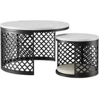 OKWISH table basse 2-en-1 avec rangement, table basse avec plateau en effet marbre, design ajouré en grille, pour salon en noir