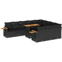 vidaXL Ensemble de salon de jardin 11 pièces avec coussins noir poly rotin