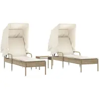 vidaXL Bains de soleil 2 pcs. avec toit et table Beige Poly Rattan