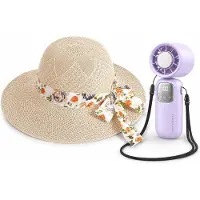 OEM VHV - Ensemble chapeau de paille et ventilateur - Chapeau de paille beige pliable pour femmes, avec large bord et nœud - Ventilateur à main séparé - Idéal pour la plage, les vacances et les voyages