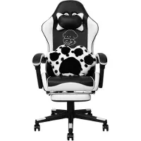 Puluomis Chaise de gaming avec repose-pieds, fauteuil de bureau, siège de chef, chaise de bureau, siège de course, ergonomique, pivotante, réglable en hauteur, design noir et blanc
