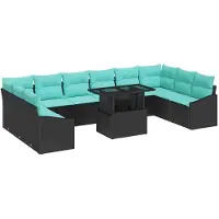vidaXL Ensemble de salon de jardin, 11 pièces, 10 places, noir et bleu, en résine tressée