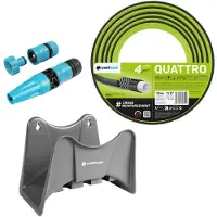 Cellfast Tuyau d'arrosage Quattro, 1/2", 15 mètres, de couleur grise, avec support de tuyau , et ensemble comprenant un arroseur droit Basic, 1/2"