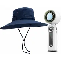 OEM VHV - Ensemble chapeau de paille et ventilateur - Chapeau de pêche bleu pliable pour hommes, avec large bord - Ventilateur à main séparé - Idéal pour la plage, les voyages et les promenades
