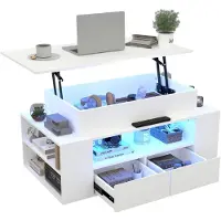Puluomis Table basse avec tiroir, plateau amovible, barre de lumière RGB avec contrôle via application, table basse, bureau, table d'appoint pour salon, couleur blanche