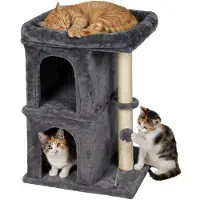 Relaxdays Arbre à gratter , avec 2 cachettes et jouets, en sisal, avec surface de repos, cachette pour chat, dimensions : 71 x 46 x 40 cm, doux, gris foncé