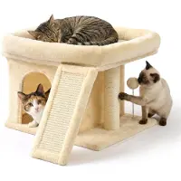 Relaxdays Arbre à gratter , avec cachette, panneau à gratter et surface de repos, cachette pour chat rembourrée, dimensions (H x L x P) : 38,5 x 54 x 45 cm, sisal, beige