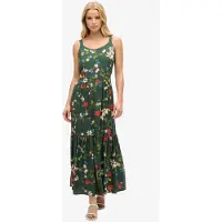Superdry pour femme. W8011725A Robe longue à étage en tissu vert (S), Casuel, Viscose, Sans manches / bretelles