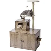 Relaxdays Arbre à gratter avec armoire pour litière, dimensions : 133 x 78 x 49 cm, poteaux en sisal et zone de repos, aspect bois, tour pour chats, couleur marron clair