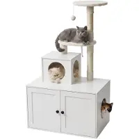 Relaxdays Arbre à gratter avec armoire pour litière, dimensions : 133 x 78 x 49 cm, poteaux en sisal et zone de repos, aspect bois, tour pour chat, blanc