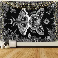 Unyqoos Tapis mural noir et blanc, avec des motifs de papillons, de soleil et de lune – Polyester, 150 x 130 cm, décoration murale pour chambre à coucher et salon