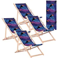 Greenblue 4 chaises longues classiques en bois de hêtre, modèle GB183, avec un motif toucan