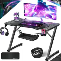 Kesser Table de jeu avec éclairage LED en forme de Z, support pour casque, design ergonomique, inclut un tapis de souris et un porte-gobelet