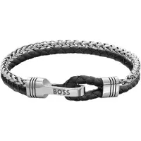 BOSS Bracelet en cuir tressé noir et en acier inoxydable