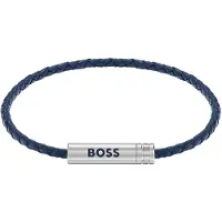 BOSS Bracelet tressé en cuir bleu avec plaquette logo
