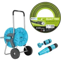 Cellfast Aluplus : chariot de tuyau en aluminium, 1/2", 60 mètres + Quattro : tuyau de jardin, 1/2", 15 mètres + Ensemble comprenant une tête de pulvérisation Basic, 1/2"