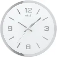 AMS 9322 Horloge murale à quartz analogique argentée ronde silencieuse sans tic-tac en verre