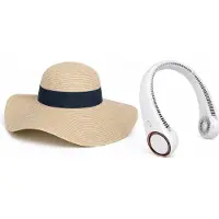 OEM VHV - Ensemble chapeau de soleil et ventilateur - Chapeau de plage beige pour femmes, à large bord - Ventilateur à col séparé - Idéal pour la plage, les vacances, le jardin