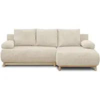 MIKA Canapé d'angle droit convertible 3 places - Velours côtelé beige - Coffre de rangement - L218 x P98/145 x H84 cm