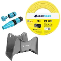 Cellfast Tuyau d'arrosage Plus, 1/2", 25 mètres, avec support de tuyau (gris) et kit comprenant un arroseur Basic à jet droit, 1/2"