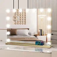 Puluomis miroir cosmétique Hollywood 58x45cm miroir de maquillage avec éclairage, 15 LED 3 couleurs gradable avec USB,10x taille, miroir mural doré
