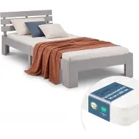 Homestyle4u Lit en bois massif , dimensions 90x200, couleur gris – Lit avec matelas, OEKO-TEX Standard 100 | Lit simple, lit pour adolescents, lit d'appoint |