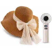 OEM VHV - Ensemble chapeau de soleil et ventilateur - Chapeau de plage marron pour femmes avec nœud - Ventilateur de main séparé - Idéal pour la plage, les vacances, le bureau