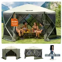 Vevor Tente pavillon pop-up , tente pop-up avec baldaquin sur 6 côtés, protection solaire 12 x 12 pieds, tente à montage rapide avec moustiquaire, vert armée