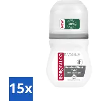 Borotalco 15 déodorants roll-on , formule invisible, sans alcool (0%), 50 ml. Pack économique de 15 pièces