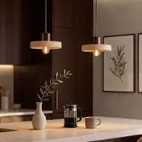 LumenXL Suspension Japandi Florinda avec travertin (pierre naturelle) et bois, 2 lumières