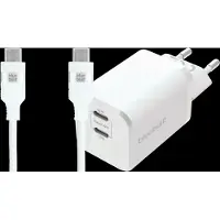 BlueBuilt Chargeur Power Delivery avec 2 Ports USB-C 65 W + Câble USB-C 1,5 m Nylon Blanc