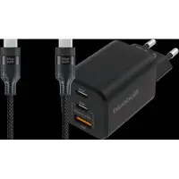 BlueBuilt Chargeur Power Delivery 2 Ports USB-C 65 W + Câble USB-C 3 m Nylon Noir