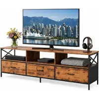 Relaxdays , meuble TV, dimensions (H x L x P) : 50 x 147 x 40 cm, 3 tiroirs et étagères, MDF, métal, tissu, table basse TV, marron/noir