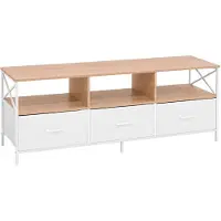Relaxdays , meuble TV, dimensions (H x L x P) : 50 x 147 x 40 cm, 3 tiroirs et étagères, MDF, métal, tissu, table basse TV, couleur : naturel/blanc