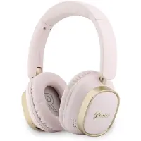 GUESS Écouteurs sans fil Bluetooth ENC, modèle rectangulaire en métal avec inscription, couleur rose