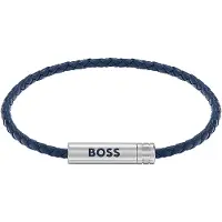 BOSS Bracelet tressé en cuir bleu avec plaquette logo