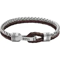 BOSS Bracelet en cuir tressé marron et en acier inoxydable