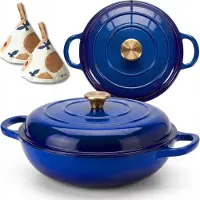 Hage Casserole en fonte émaillée, plate, de 30 cm de diamètre, d'une capacité de 3 litres, de la marque , de couleur bleue