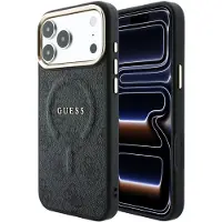 GUESS Étui MagSafe en cuir PU 4G à cadre doré et motif gaufré pour iPhone 18 Pro Max, noir (Apple iPhone 17 Pro Max), Coque pour téléphone portable, Noir